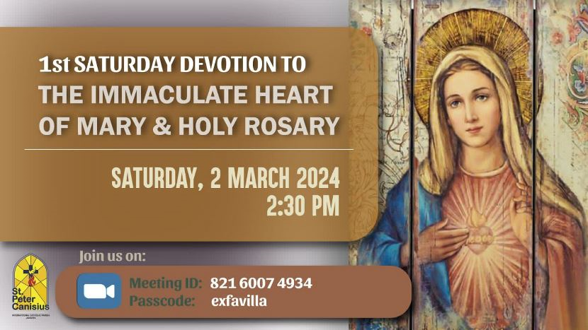1st Saturday Devotion to The Immaculate Heart of Mary & Holy Rosary - Sat 2 March 2024 2:30PM